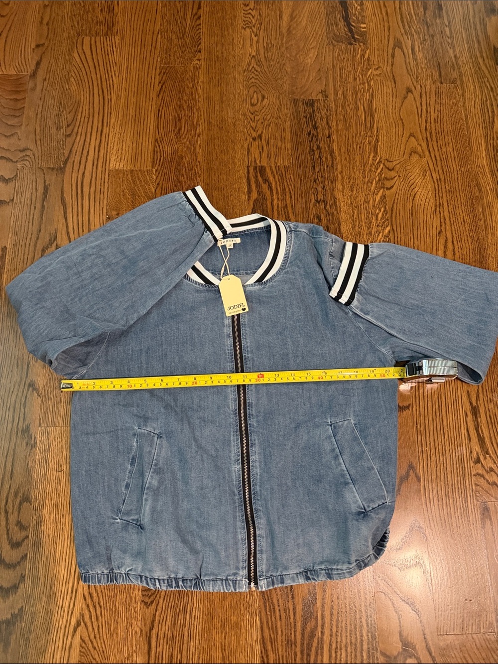 JODIFL Denim Blue Bomber Jacket with Stripe Trim large - Picture 9 of 12